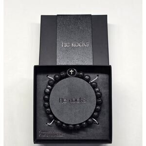 HE ROCKS Men’s Beaded Stretch Bracelet Black Stainless Steel Cross